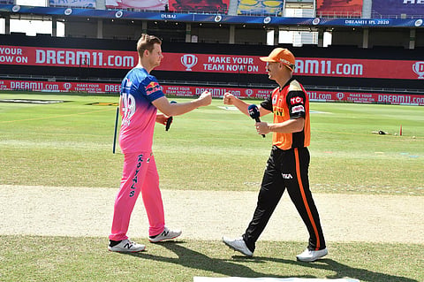 Rajashan Royals Captain Steven Smith and Sunrisers Hyderabad Captain David Warner at the toss ahead of the match  (Photo | www.ipl.com)