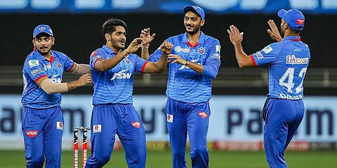 Tushar Deshpande of Delhi Capitals celebrates the wicket of Ben Stokes of Rajasthan Royals. (Photo | PTI)