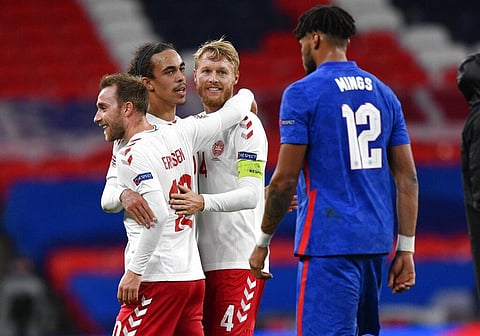 Denmark's Christian Eriksen celebrates with teammates after their UEFA Nations League soccer match between England and Denmark (Photo | AP)