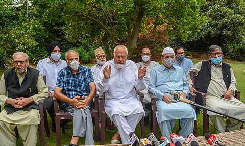 National Conference President Farooq Abdullah addresses a press conference after holding a meeting with party leaders, including those leaders who were detained post-August 05, 2019 and released recen