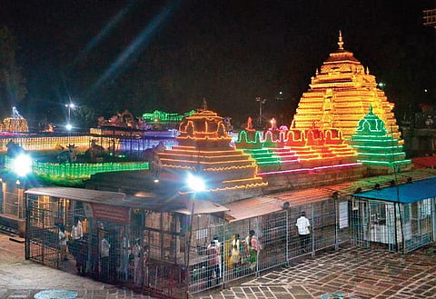 Srisailam temple in Kurnool district illuminated for Dasara, on Saturday | Express
