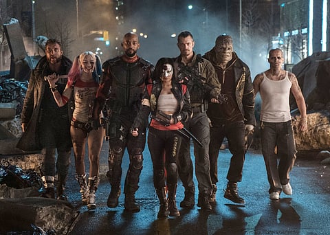 This image released by Warner Bros. Pictures shows, from left, Jai Courtney as Boomerang, Margot Robbie as Harley Quinn, Will Smith as Deadshot, Karen Fukuhara as Katana, Joel Kinnaman as Rick Flag, A
