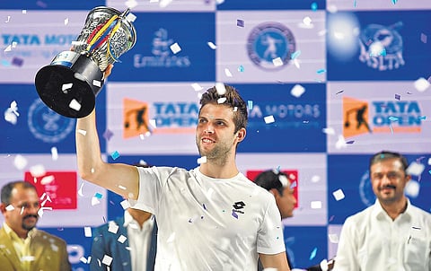 Jiri Vesely celebrates after winning the TATA Open Maharashtra in February 2020 | AFP