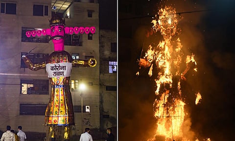 Dussehra celebrations across the country on Sunday, which sees the customary burning of Ravana effigies amid a large crowd every year, were disrupted this year by COVID-19. (Photo| PTI)