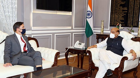 US Secretary of Defence Mark Esper with Defence Minister of India Rajnath Singh. (Photo | Twitter)
