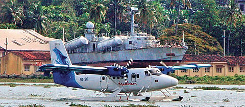 A seaplane landing at the naval jetty in Kochi shore to fill fuel on Sunday. The seaplane service will be officially inaugurated by Prime Minister Narendra Modi at Sabarmati riverfront in Gujarat on O