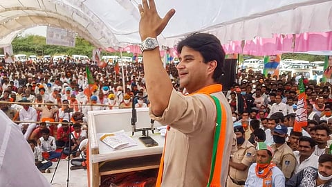 BJP leader Jyotiraditya Scindia addresses an election rally in support of party candidate Ranveer Jatav of Gohad constituency in Barahed Monday. (Photo | PTI)