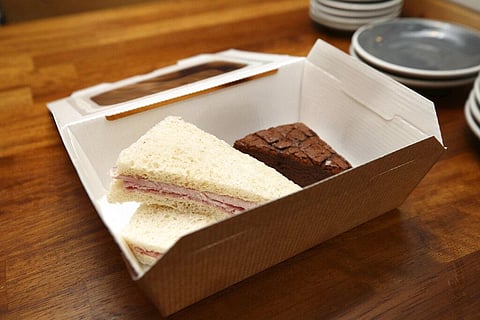 A view of a lunch box at the Pudding Pantry which they will be providing free, during half term for any child in need, who would normally get a free school lunch in Nottingham, UK. (Photo | AP)