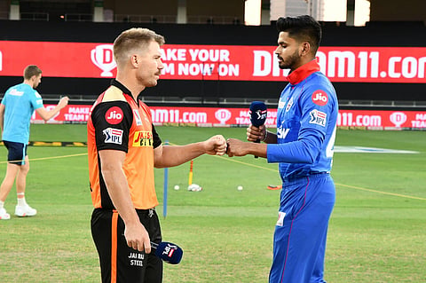 SRH Captain David Warner and DC Captain Shreyas Iyer during the Toss  (Photo | www.ipl.com)