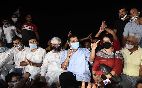 Delhi Chief Minister Arvind Kejriwal at Jantar Mantar during the protests against Hathras gang-rape in New Delhi. (Photo | Parveen Negi, EPS)