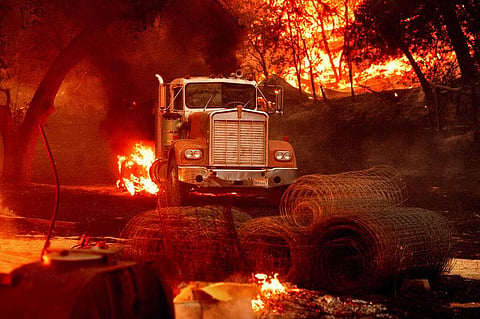 Flames from the Glass Fire burn a truck in a Calistoga, Calif., vineyard Thursday, Oct. 1, 2020. (Photo | AP)