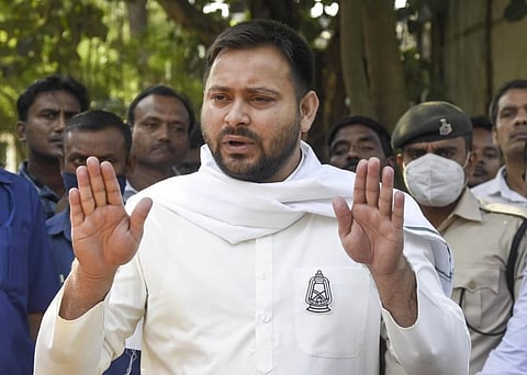 Tejashwi Yadav addresses media during the Bihar Assembly elections in Patna Thursday Oct. 29 2020. (Photo | PTI)