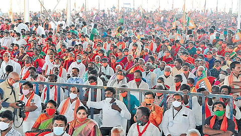 A large number of people participate in the BJP rally held in Sira where  Chief Minister B S Yediyurappa campaigned for the party candidate