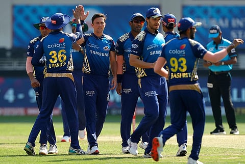 Mumbai Indians players celebrate the wicket of Delhi Capitals batsman Prithvi Shaw. (Photo | IPLT20/BCCI)