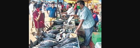 People at the temporary fish market near Malgodown police station. (Photo | EPS)