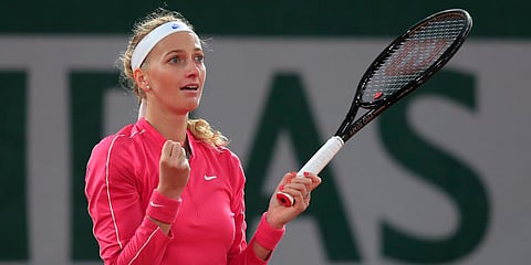 Petra Kvitova celebrates winning her fourth round match of the French Open tournament against Zhang Shuai in two sets 6-2, 6-4, at the Roland Garros Stadium in Paris. (Photo | AP)