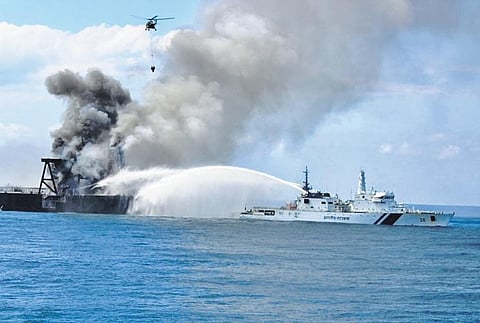 File photo of an Indian Coast Guard ship enaged in battling the flames on Panama-flagged oil tanker MT New Diamond off Sri Lankan coast