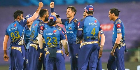 Mumbai Indians celebrate a wicket against Rajasthan Royals in IPL 2020. (Photo| Twitter/ @mipaltan)
