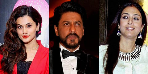 Bollywood stars Taapsee Pannu(L), Shah Rukh Khan(C), Tabu (R)  (Photos | PTI)