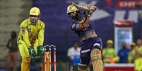 Kolkata Knight Riders' Rahul Tripathi plays a shot during an IPL 2020 match against Chennai Super Kings. (Photo| PTI)