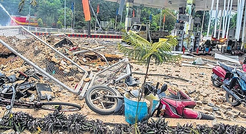Mangled remains of vehicles at the petrol pump near Raj Bhawan in Bhubaneswar  | biswanath swain