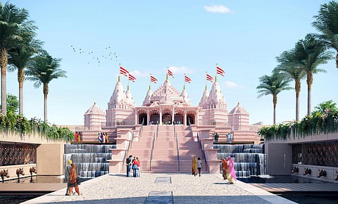 An impression of the outer structure of the Hindu temple showing the seven spires to represent the Emirates. (Photo | Baps Hindu Mandir)