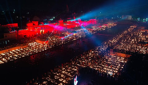 Lamps light across river Saryu in Ayodhya.