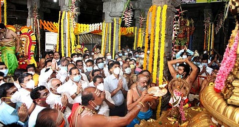 The auspicious Karthigai Deepam festival at Arunachaleswarar temple in Tiruvannamalai begins with the  flag hoisting event