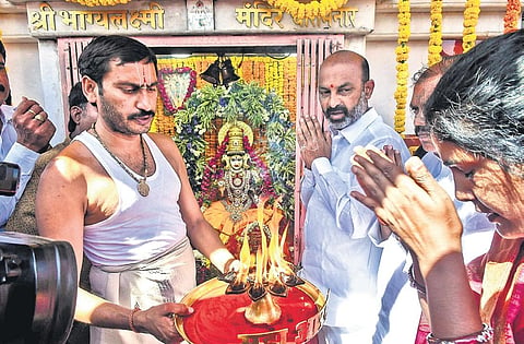BJP State president Bandi Sanjay Kumar at the Bhagyalakshmi temple near Charminar on Friday | Vinay Madapu