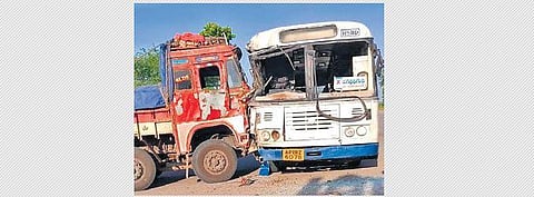 Twenty-two passengers headed to Jagathgirigutta had a miraculous escape after a truck hit their bus