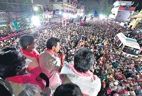 TRS working president KT Rama Rao addresses the crowd during the party’s election campaign in Hyderabad on Saturday