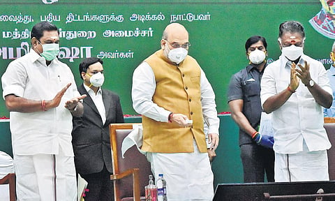 Union Home Minister Amit Shah launches projects worth RS 67,378 crore in Chennai on Saturday. CM Palaniswami and Dy CM Panneerselvam are also seen;