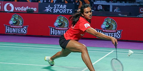 PV Sindhu in action against Priyanshu Rajawat during during second day of Star Sports Premier Badminton League 2020 in Chennai. (File Photo | PTI)