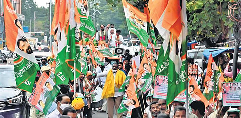 TPCC president Uttam Kumar Reddy at a GHMC poll campaign rally at Banjara Hills on Saturday