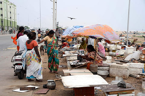 Fish vendors along the Loop Road on the Marina.(Photo | R Satish Babu, EPS)