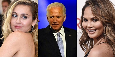 Miley Cyrus (L), US President elect Joe Biden (C) and Chrissy Teigen (R)  (Photo | AP)