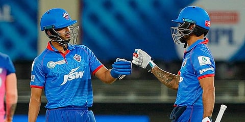 Delhi Capitals captain Shreyas Iyer and Shikhar Dhawan during an IPL match. (File Photo | PTI)