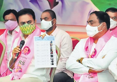 MAUD Minister and TRS working president KT Rama Rao addresses a press meet  at Telangna Bhavan, in Hyderabad on Sunday