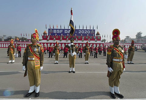 Border Security Force contingent participates in the 56th raising day event of BSF, at Chhawla Camp in New Delhi. (Photo | PTI)