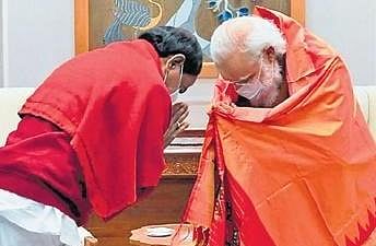 Chief Minister K Chandrasekhar Rao greets Prime Minister Narendra Modi in Delhi on Saturday .