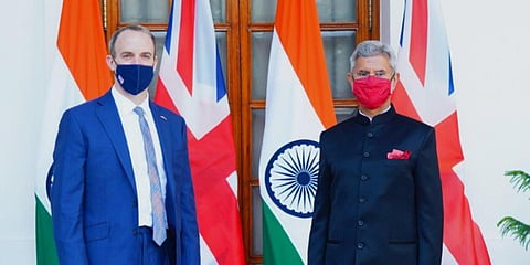 External Affairs minister S Jaishankar (R) and UK foreign secretary Dominic Raab (Photo| Twitter/ @MEAIndia)