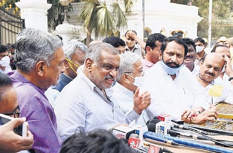 BJP MLA JC Madhu Swamy speaks outside Raj Bhavan on Tuesday | Vinod Kumar T 