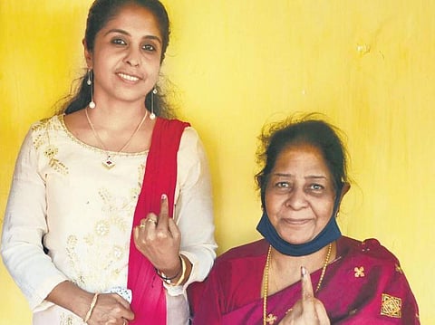 July Vogt and her mother-in-law Alphonsa Vogt at a polling booth in Kozhikode during the third phase of the polls on Monday | Manu R Mavelil