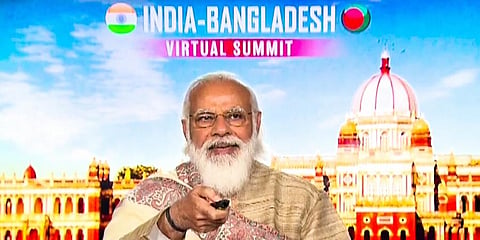 PM Narendra Modi addresses the India-Bangladesh virtual summit in New Delhi. (Photo | PTI)