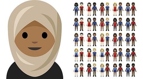 Emoji depicting a girl in a headscarf, left, and a collection of inter-skintone couples which have been added to the museum's digital collection to celebrate inclusion. (Photo | AP)