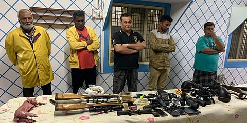 The officials found a skinned Black-naped hare, two rifles with telescope and silencers, searchlights, night-vision binoculars, knives, 142 rounds of bullets among other things.  (Photo | EPS)