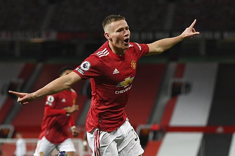 Manchester United's Scott McTominay celebrates his side's second goal during match against Leeds United at the Old Trafford stadium in Manchester, England, Sunday Dec. 20, 2020. (Photo | AP)