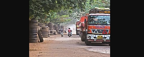 Old tyres discarded on roadside at Auto Nagar in Vijayawada. (Photo | Prasant Madugula, EPS)