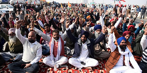 Farmers shout slogans during a protest at the Delhi-Uttar Pradesh state border in Ghazipur on December 20 2020. (Photo | EPS/Parveen negi)