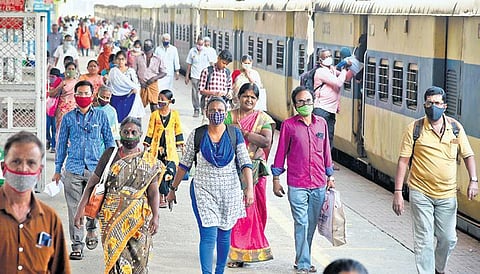After eight months, all commuters were allowed to use the EMU trains during non-peak hours; a scene at Chennai Central Railway Station. (Photo | R Satish Babu, EPS)